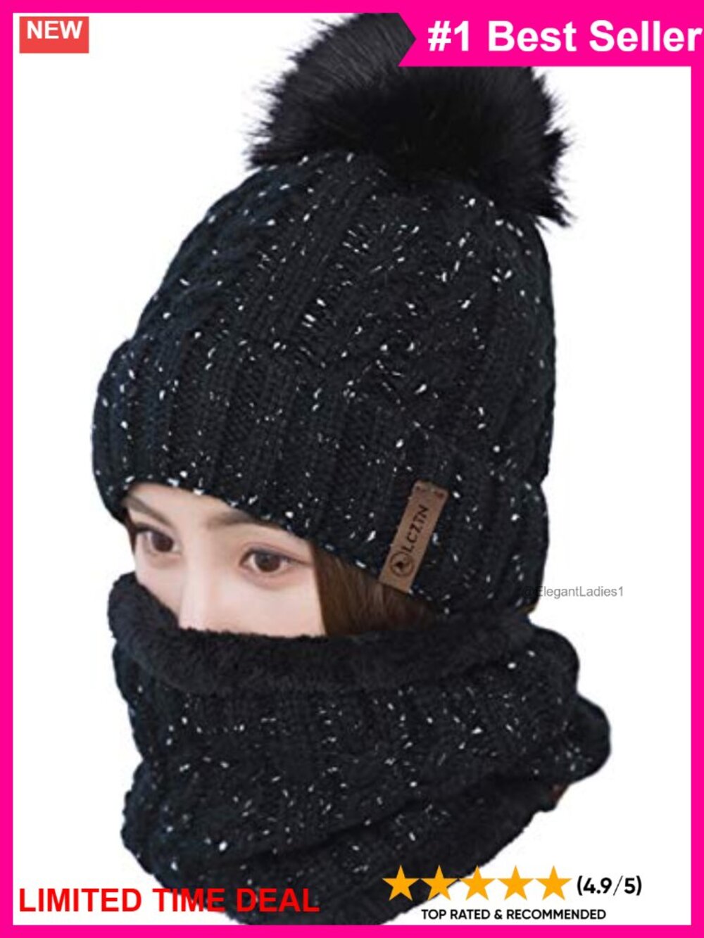 Women's Pom Pom Beanie & Scarf Set Fleece Lined Knit Winter Ski Hat
